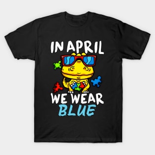 In April We Wear Blue Autism Awareness Month Dino T-Shirt